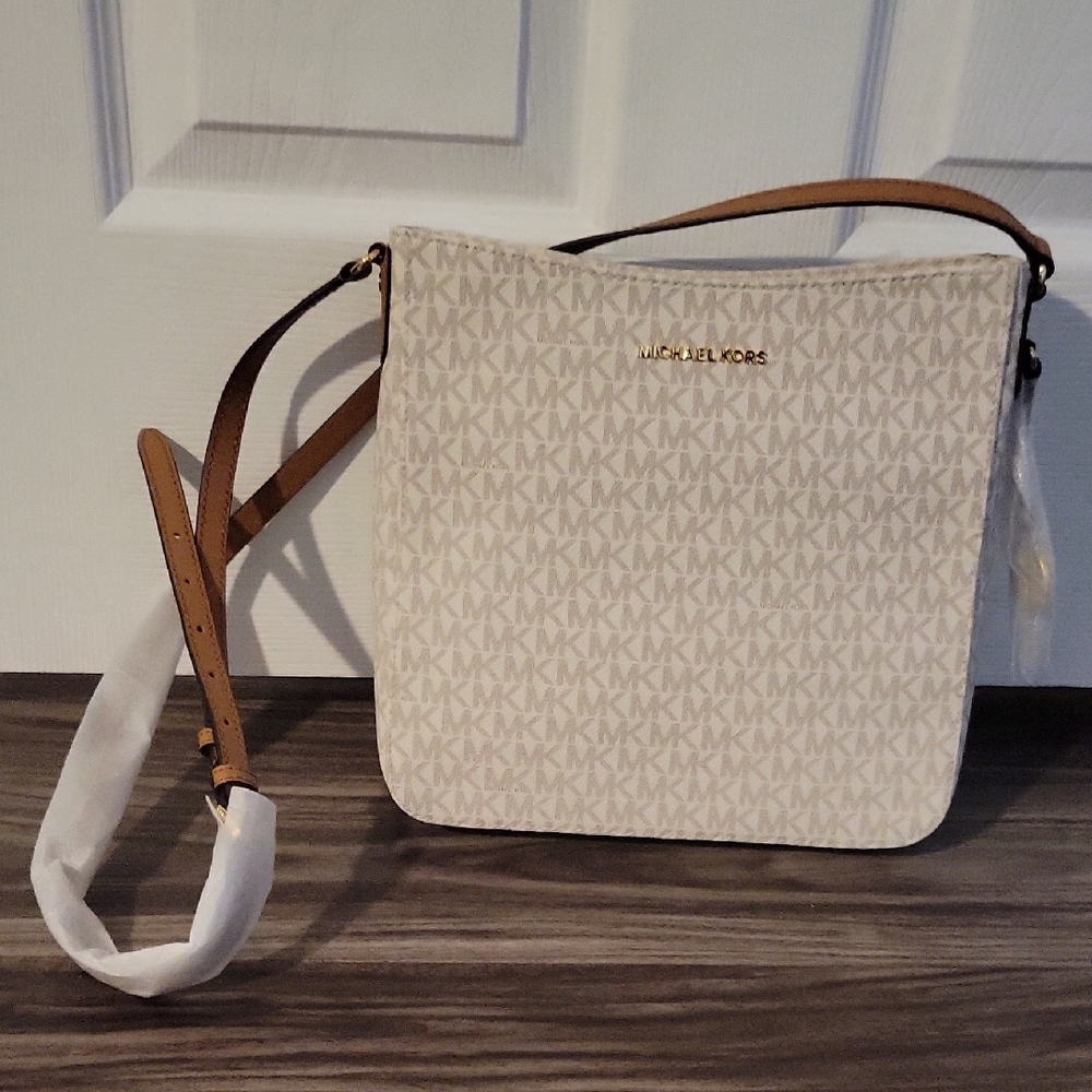 Michael Kors Cream and Tan Crossbody Bag with Monogram Print